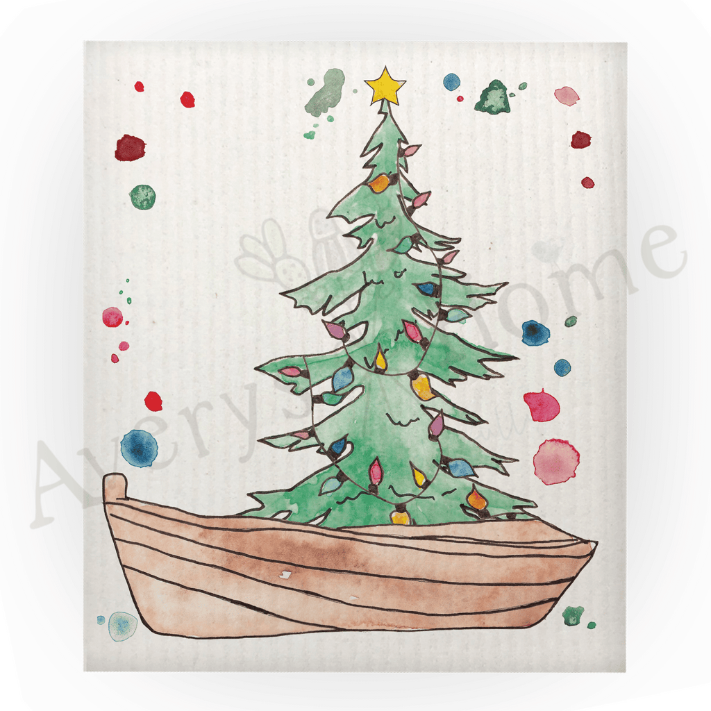 Christmas Tree In Rowboat Swedish Dish Cloth (Sold as set of 4)