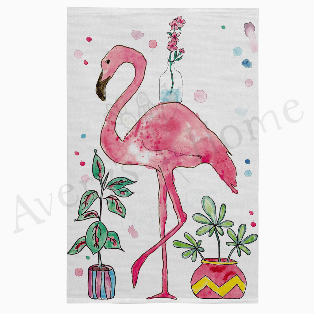 Happy Flamingo with Plants Flour Sack Dish Towel