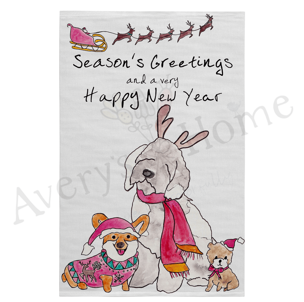 Season's Greetings & Happy New Year Dog Flour Sack Dish Towel